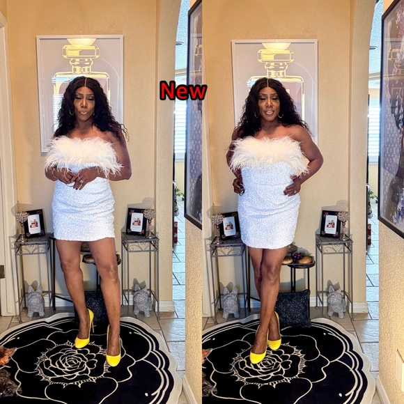 White Strapless Dress with Furry Trim - Picture 2 of 13